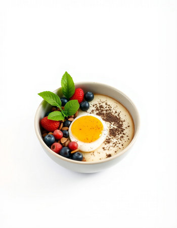 Chocolate pudding with fresh berries on a white background.の写真素材