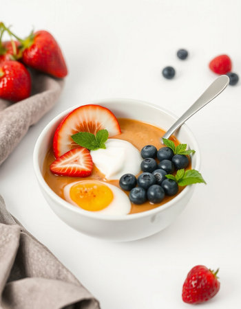 Healthy breakfast bowl with oatmeal, strawberries, blueberries and whipped cream on white backgroundの写真素材