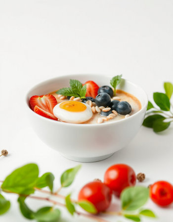 Healthy breakfast bowl with oatmeal, berries and egg on white backgroundの写真素材