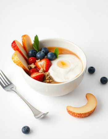 Healthy breakfast with yogurt, fruits and granola on white backgroundの写真素材