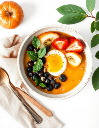 tomato soup with egg in bowl on white background, top viewの写真素材