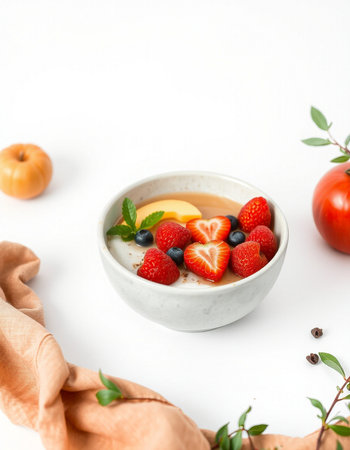 Healthy breakfast bowl with yogurt, berries and fruits on white backgroundの写真素材