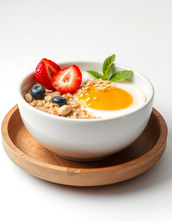 Healthy breakfast with oatmeal, berries and egg on white background