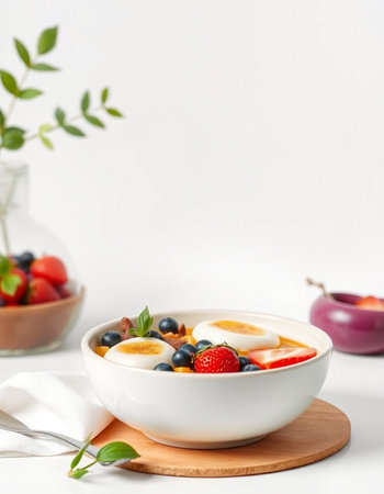 Oatmeal with fresh berries and yogurt in bowl on white background