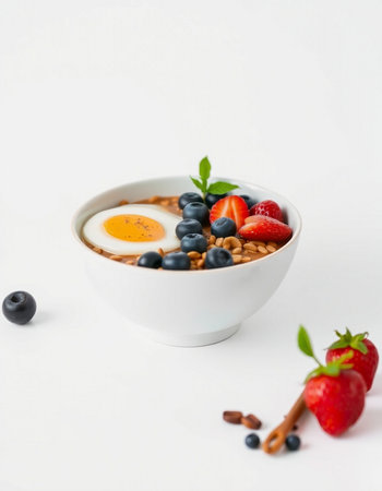 Bowl of oatmeal with fresh berries on white backgroundの写真素材