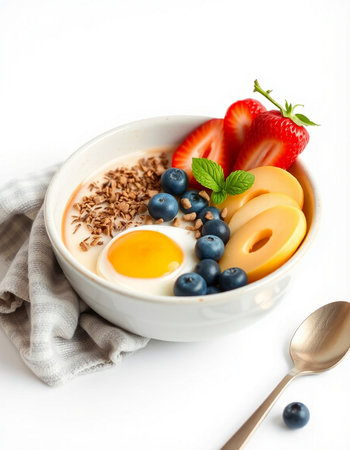 Healthy breakfast with yogurt, berries and oatmeal on white backgroundの写真素材