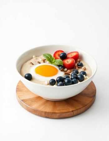 Healthy breakfast - oatmeal with berries and egg on white backgroundの写真素材