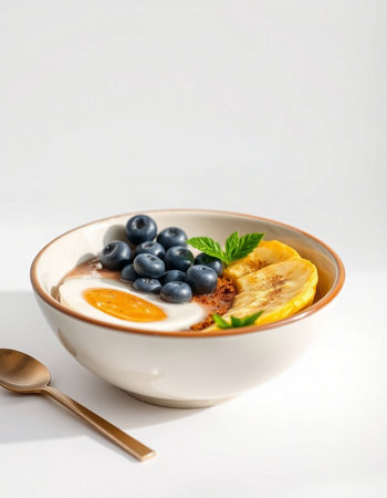 Healthy breakfast with yogurt, blueberries and banana on white backgroundの写真素材
