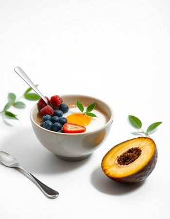 Yogurt with fresh berries and peach on white background. Healthy breakfast.の写真素材