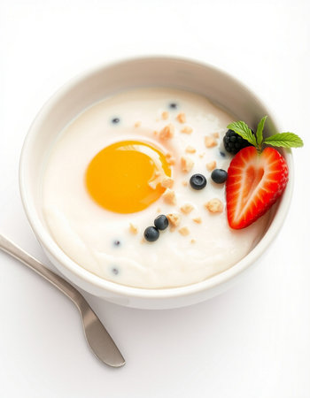 Breakfast with yogurt, berries and egg yolk on white backgroundの写真素材