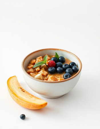 Bowl of oatmeal with berries and mint on a white backgroundの写真素材