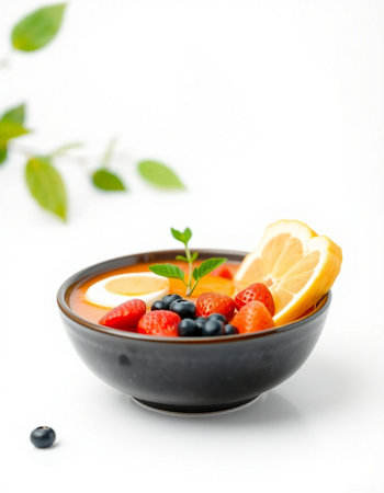 fruit salad with strawberries and blueberries in a bowl on a white backgroundの写真素材