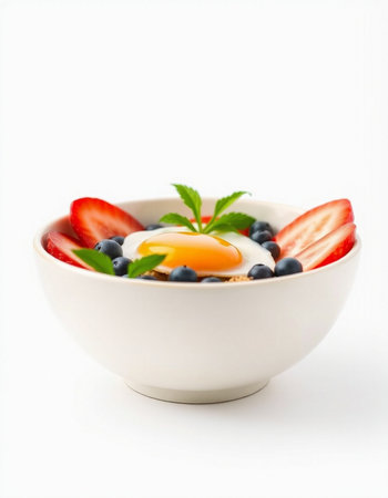 Fried egg with strawberries and blueberries in a bowl on a white background
