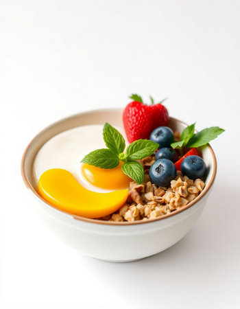 bowl of muesli with yogurt and fresh berries on white backgroundの写真素材