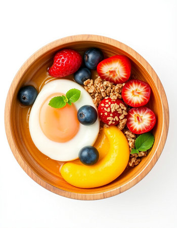 Breakfast bowl with omelette, berries and granola isolated on whiteの写真素材