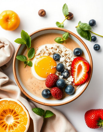 Healthy breakfast bowl with oatmeal, berries and egg on white background