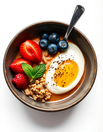 Breakfast bowl with yoghurt, strawberries, blueberries and eggの写真素材