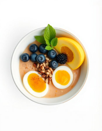Healthy breakfast. Oatmeal porridge with berries on white backgroundの写真素材