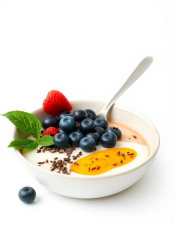 Healthy breakfast with yogurt and fresh berries isolated on white background.の写真素材