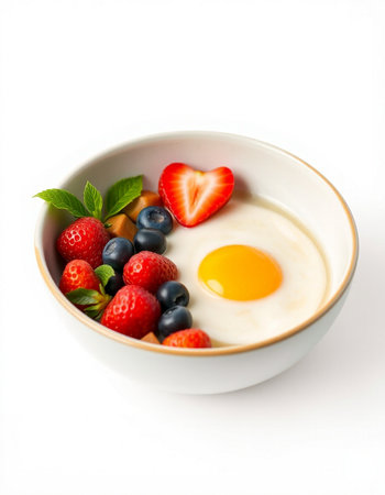 Breakfast with omelet, strawberries and blueberries on white backgroundの写真素材