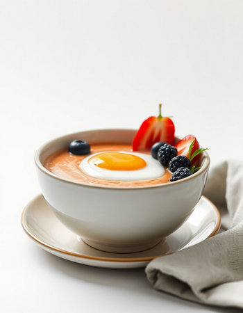 Creamy soup with egg and fresh berries on a white backgroundの写真素材
