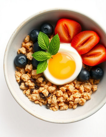 Healthy breakfast with oatmeal, berries and egg on white backgroundの写真素材