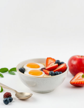 Breakfast with oatmeal, berries and eggs on a white backgroundの写真素材