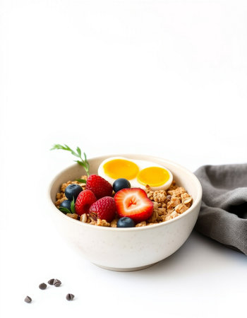 Muesli with fresh berries in a bowl on a white backgroundの写真素材