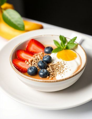 Yogurt with muesli and fresh berries in a bowlの写真素材