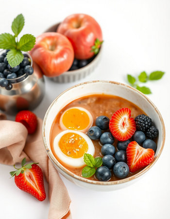 Healthy breakfast bowl with oatmeal porridge, eggs, berries and fruitsの写真素材