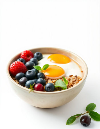 Healthy breakfast with oatmeal, berries and egg on white backgroundの写真素材