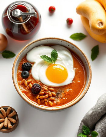 Tomato soup with egg and berries on a white background, top view