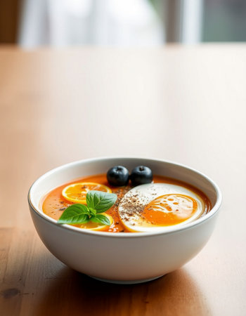 tomato soup with cream in white bowl on wooden tableの写真素材