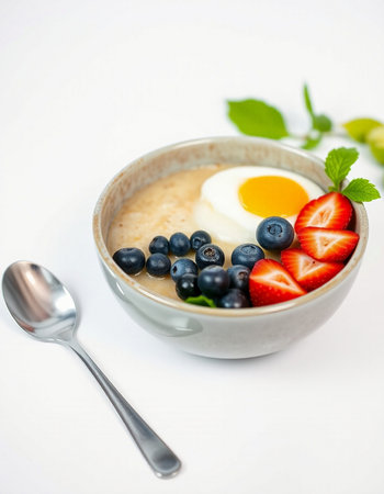 Oatmeal porridge with blueberries, strawberries and egg in a bowlの写真素材