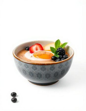Pudding with berries in a bowl isolated on white background.の写真素材
