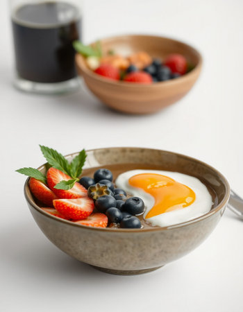 Bowl with tasty omelet and berries on table, closeup