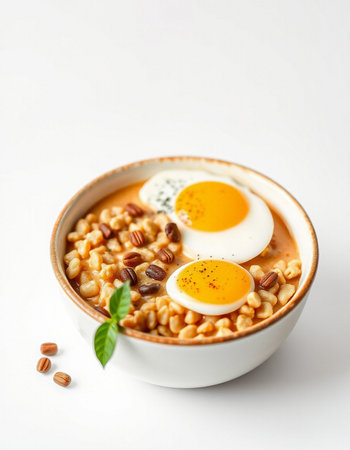 Soup with chickpeas, egg and nuts on a white backgroundの写真素材