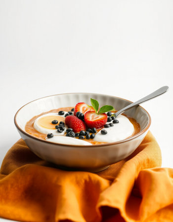 Delicious yogurt with blueberries and strawberries in a bowl on a white background