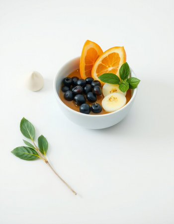 Orange and blueberry salad in a bowl on a white background.の写真素材