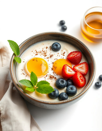 Healthy breakfast. Oatmeal with berries and honey on white backgroundの写真素材