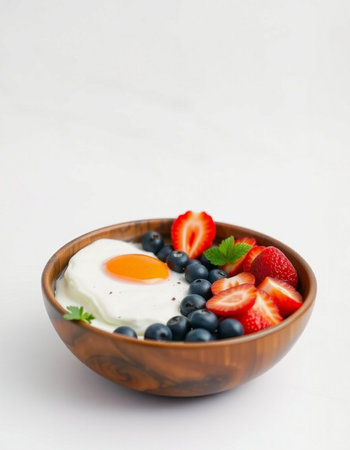 Fried egg with fresh strawberries and blueberries in a wooden bowlの写真素材