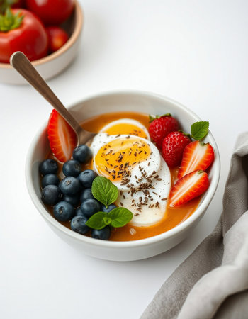 Yogurt with strawberries and blueberries in a bowlの写真素材