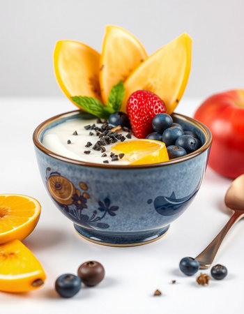 Healthy breakfast bowl with yogurt, berries and fruits on white background