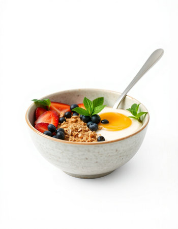 Healthy breakfast with oatmeal, berries and egg on white background
