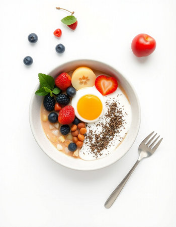Healthy breakfast with oatmeal, berries and eggs on white backgroundの写真素材