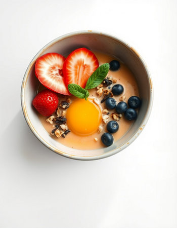Healthy breakfast bowl with oatmeal, fresh berries and egg yolkの写真素材