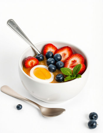 Bowl of oatmeal with fresh berries and egg on white backgroundの写真素材