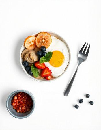 Healthy breakfast with fried eggs, fruit and vegetables on white backgroundの写真素材