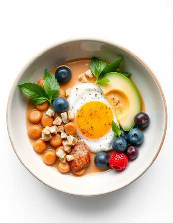 Healthy breakfast with egg, avocado, blueberries and chickpeasの写真素材