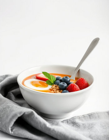 Healthy breakfast bowl with yogurt, berries and granola on white backgroundの写真素材